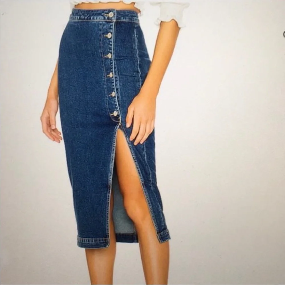 Free People Jasmine Buttoned Denim Midi Skirt - Picture 1 of 10